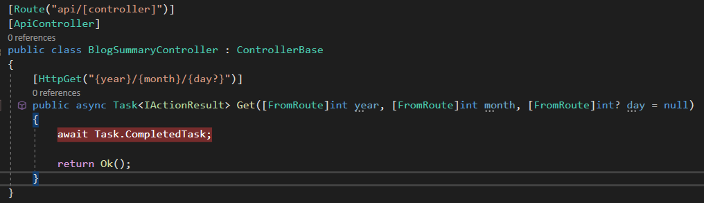 Contrived BlogSummaryController with a Get operation that has an optional route parameter for {day}