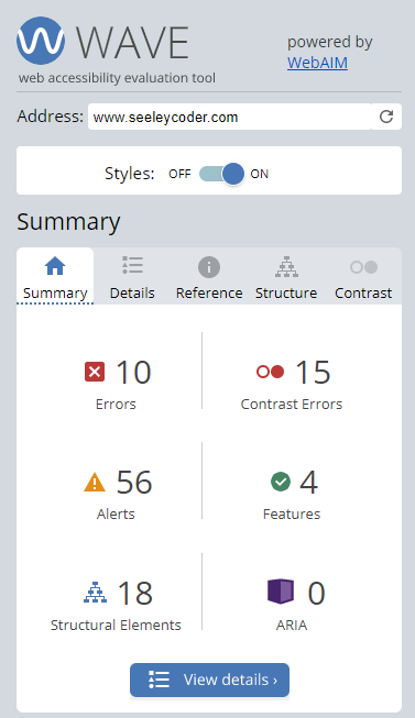 seeleycoder.com web accessibility results using WAVE