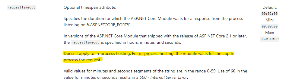ASP.NET Core request timeout doesn't apply to in-process hosting. 
