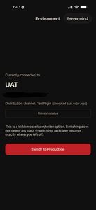 Hidden MAUI environment switcher screen on iOS showing the app currently connected to UAT, TestFlight distribution channel detected, and a Switch to Production button Hidden MAUI environment switcher screen on iOS showing the app currently connected to UAT, TestFlight distribution channel detected, and a Switch to Production button